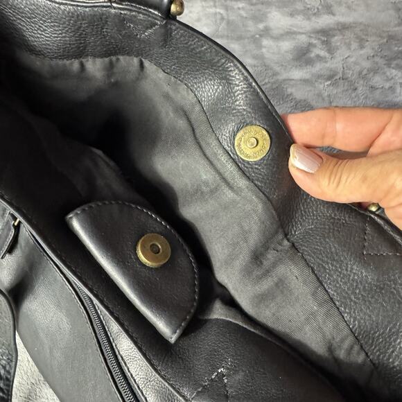 Black Leather Shoulder Bag Hobo Style Double Top Handle Purse Minimal Unbranded - Picture 5 of 13